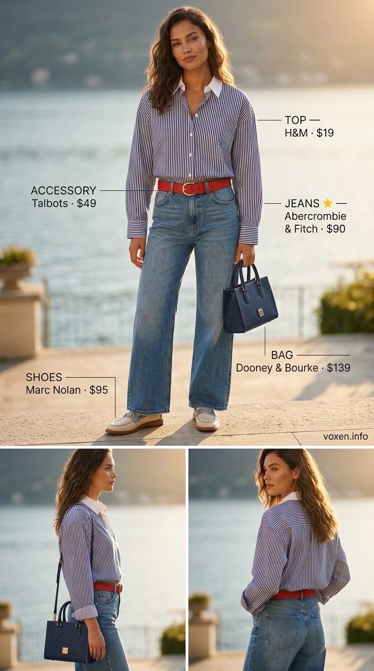 Preppy wide leg jean outfits summer for women 2026: Blue jeans, striped shirt, navy bag, red belt, and loafers for lakeside lunch.