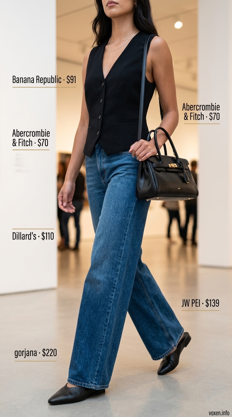 Wide leg jean outfits summer for women 2026: Mid-blue jeans with black vest top for minimalist glam.