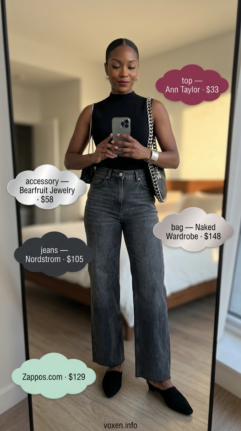 Edgy wide leg jean outfits summer for women 2026: Grey jeans, black mock neck top, silver cuff, and black mules for an evening out.