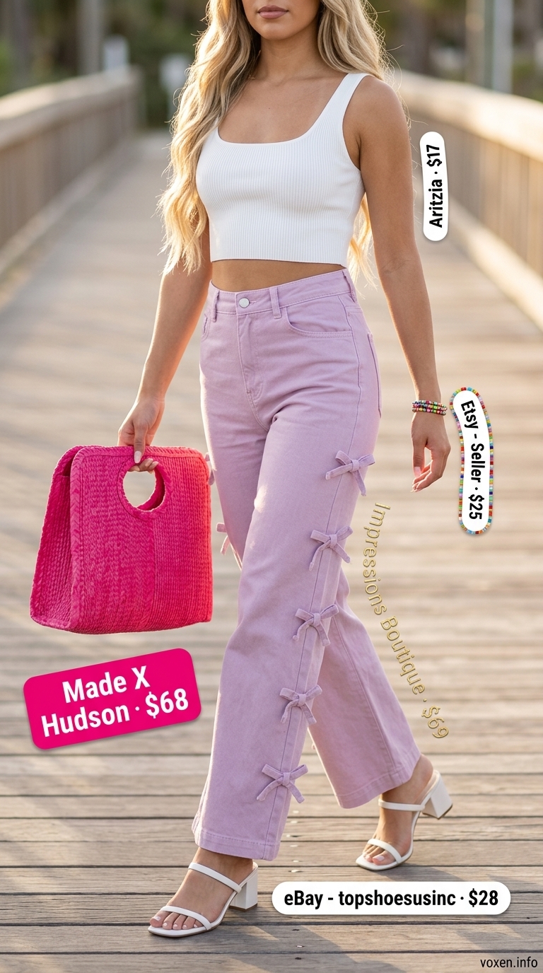 Wide leg jean outfits summer for women 2026: Lavender jeans with white crop top for playful pastel look.