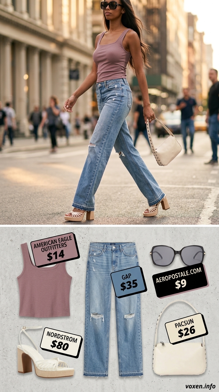 Wide leg jean outfits summer for women 2026: Medium blue jeans with orange crop top for retro street style.