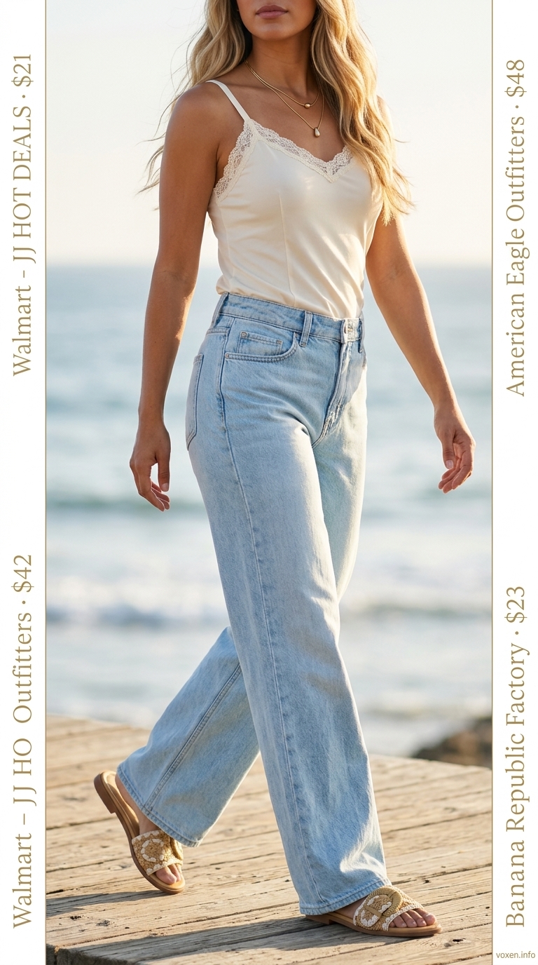 Wide leg jean outfits summer for women 2026: Light blue denim with cream camisole for a Riviera brunch look.