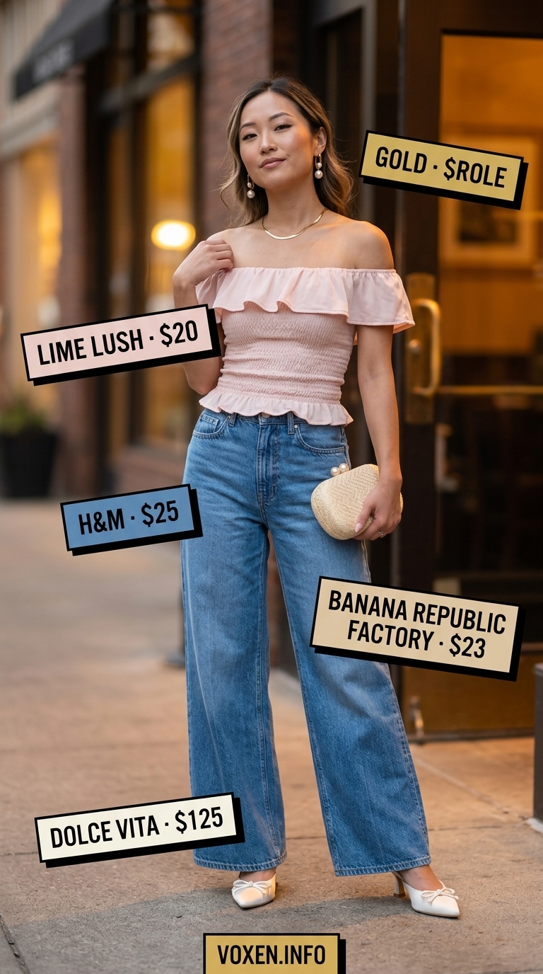 Wide leg jean outfits summer for women 2026: Light blue jeans with blush pink off-shoulder top for date night.