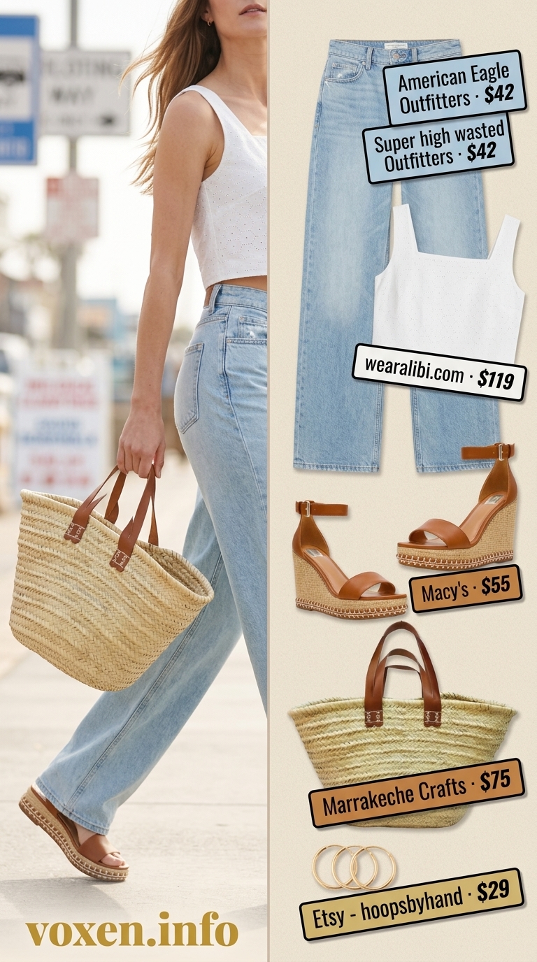 Breezy wide leg jean outfits summer for women 2026: Light blue jeans, white eyelet top, straw tote, and espadrilles for brunch.