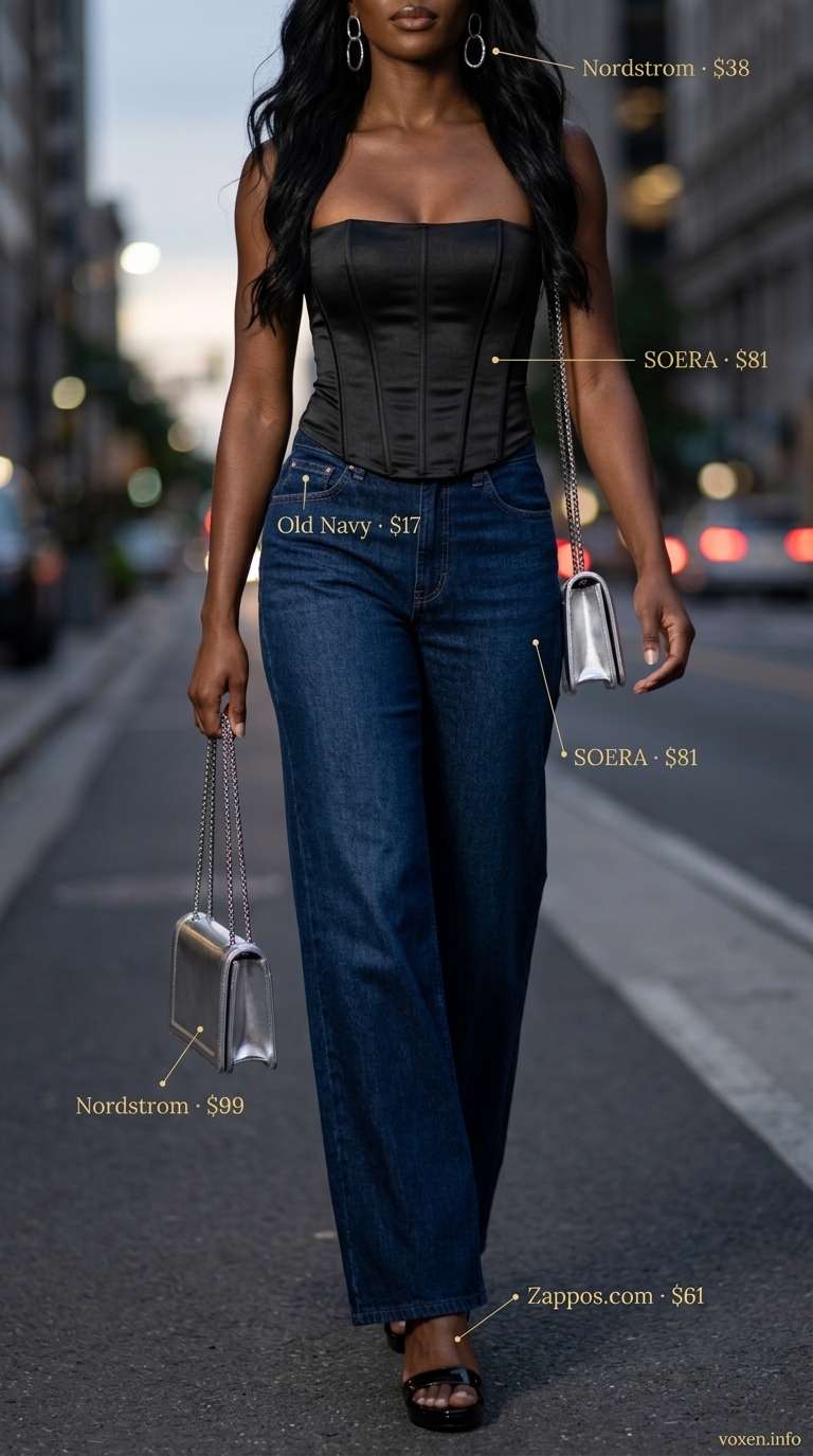 Sophisticated wide leg jean outfits summer for women 2026: Indigo jeans, black bustier, silver bag, and hoop earrings for date night.