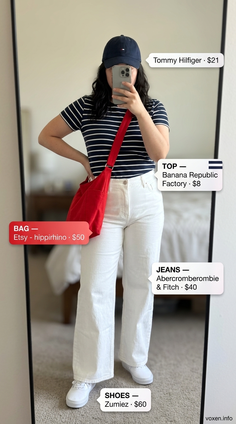 Casual wide leg jean outfits summer for women 2026: White jeans, striped tee, navy cap, and red crossbody for sightseeing.