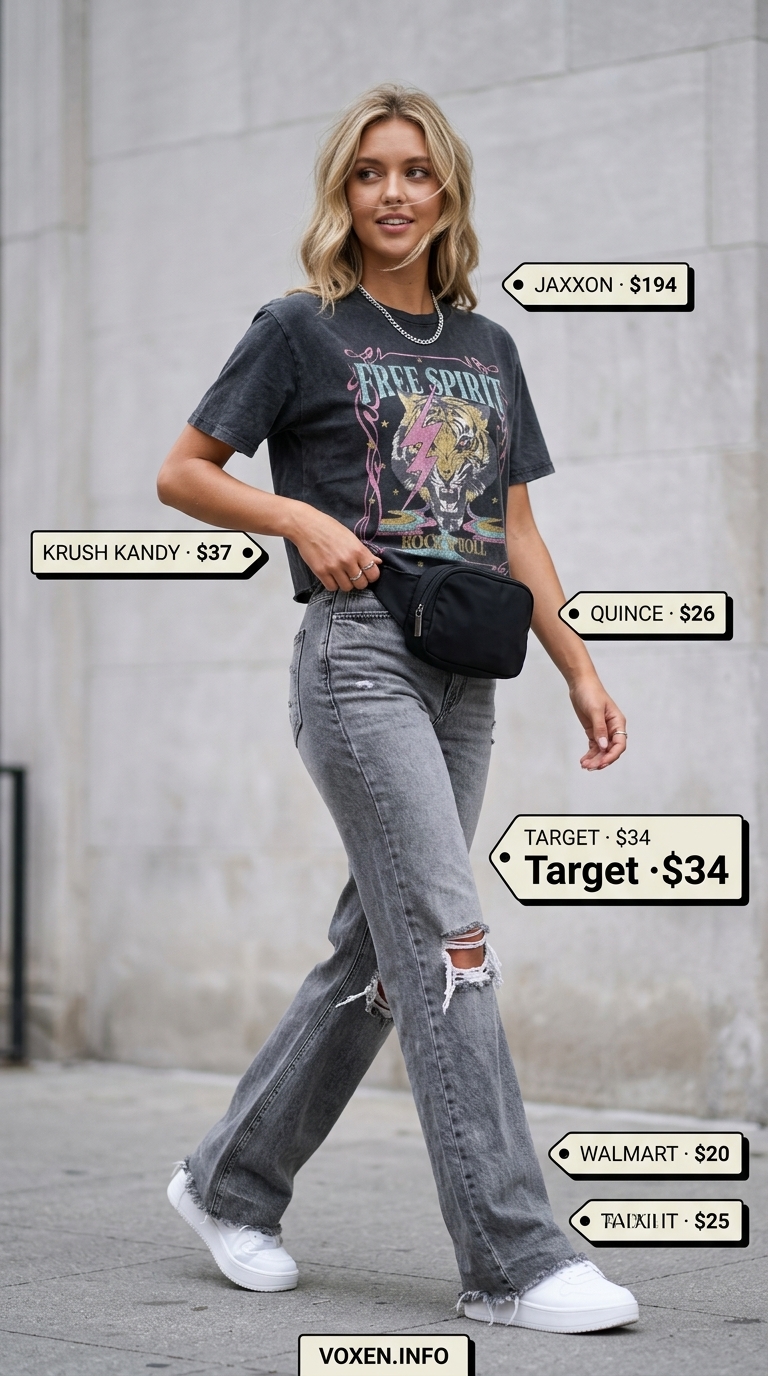 Wide leg jean outfits summer for women 2026: Grey distressed jeans with graphic tee for urban edge.