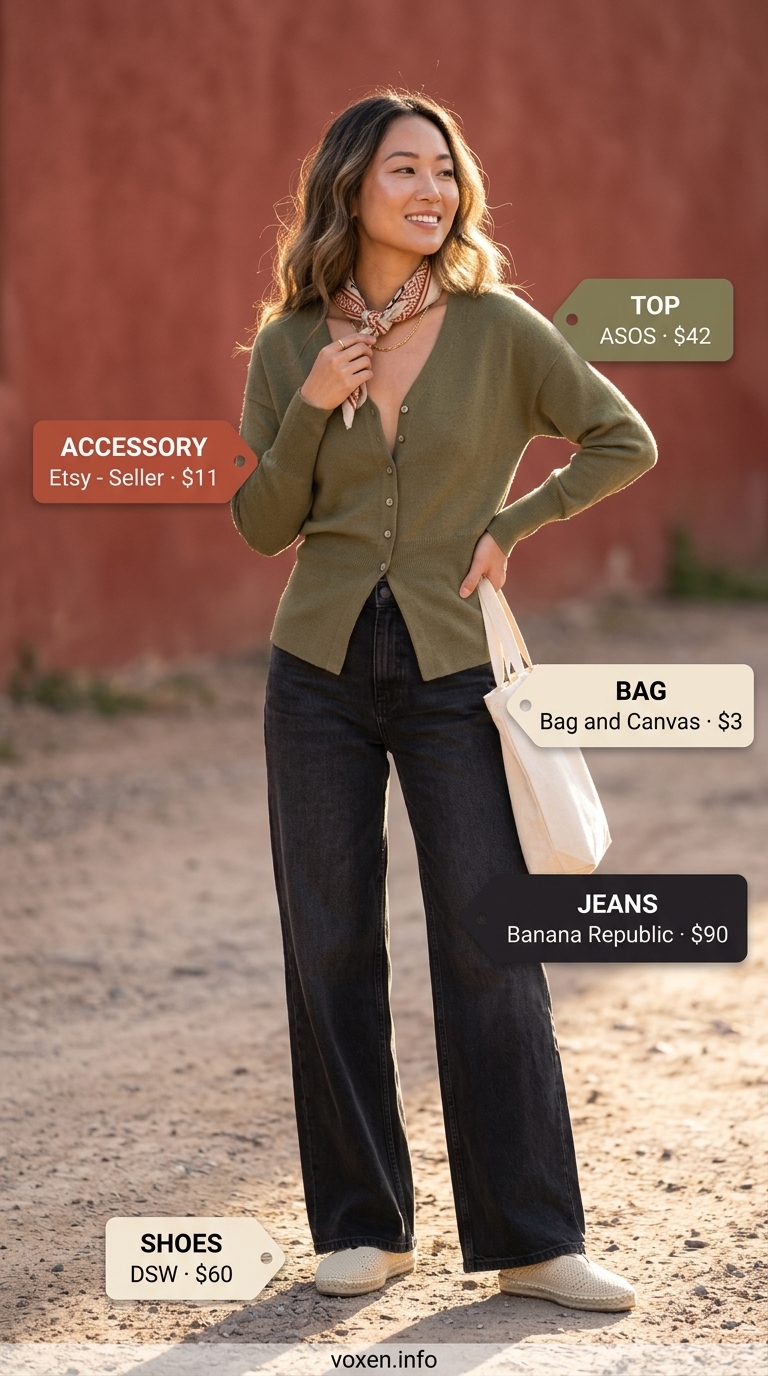 Wide leg jean outfits summer for women 2026: Washed black jeans with olive cardigan top for weekend explorer.