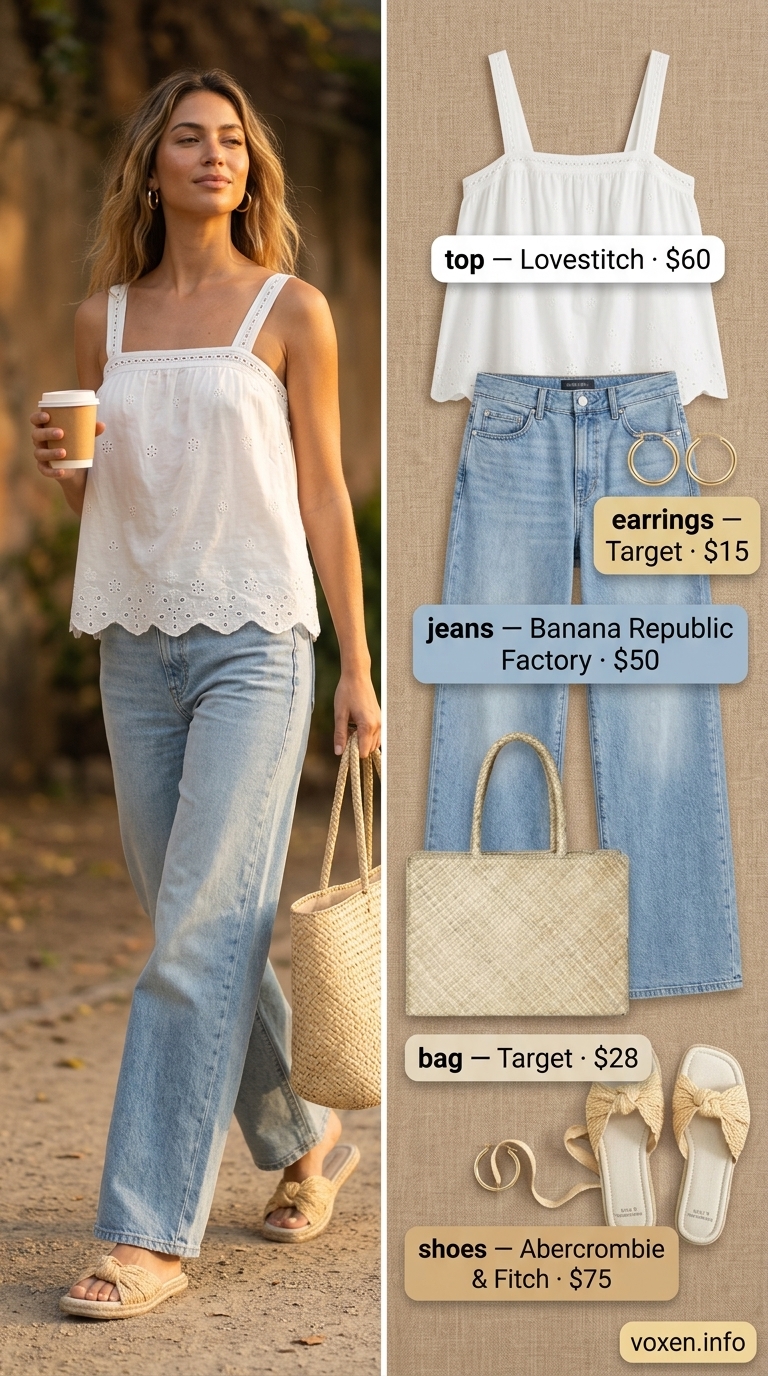 Boardwalk brunch wide leg jean outfits summer for women 2026: Light blue jeans with white eyelet top.