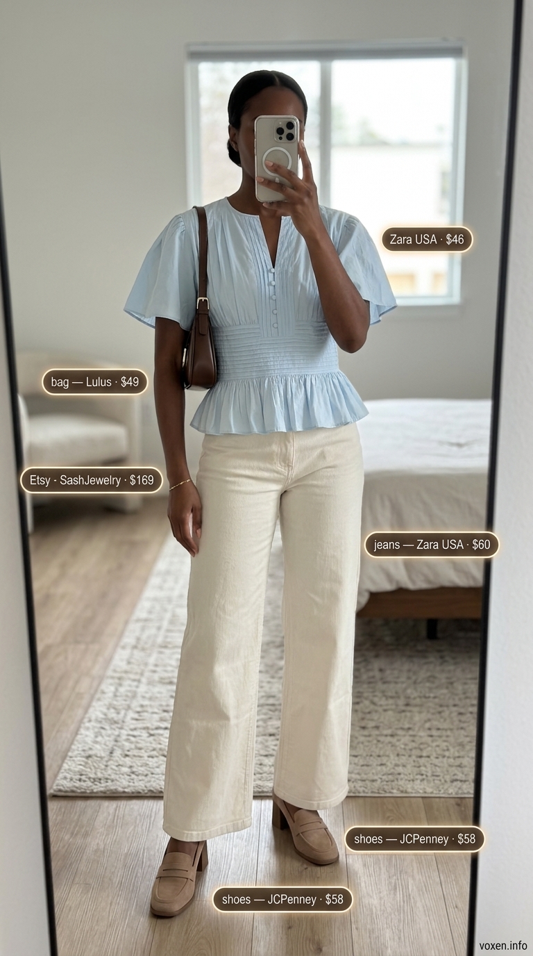 Summer office chic wide leg jean outfits for women 2026: Cream jeans with pale blue puff sleeve blouse.