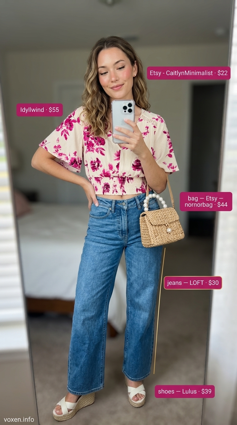Playful pastel wide leg jean outfits summer for women 2026: Pale pink jeans with floral crop top.