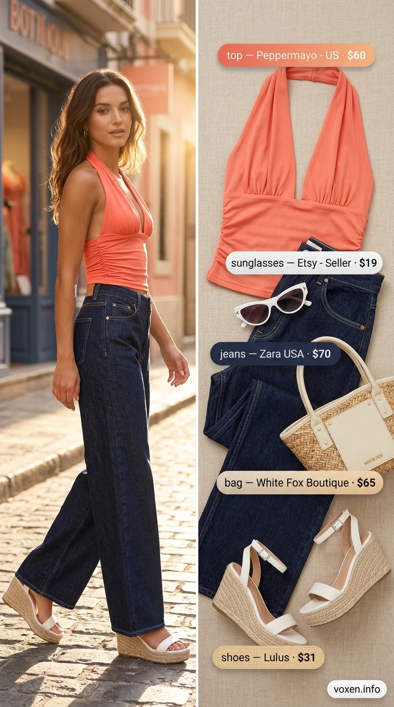 Retro poolside wide leg jean outfits summer for women 2026: Dark wash jeans with coral halter top.