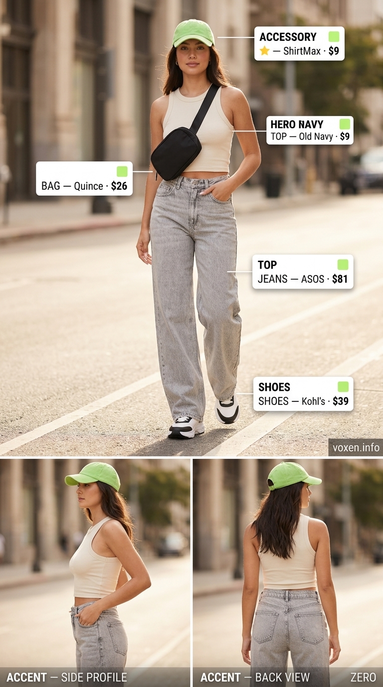 Sporty chic wide leg jean outfits summer for women 2026: Light grey jeans with neon green cap.
