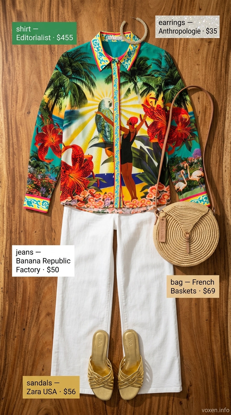 Tropical getaway wide leg jean outfits summer for women 2026: White jeans with vibrant green silk shirt.