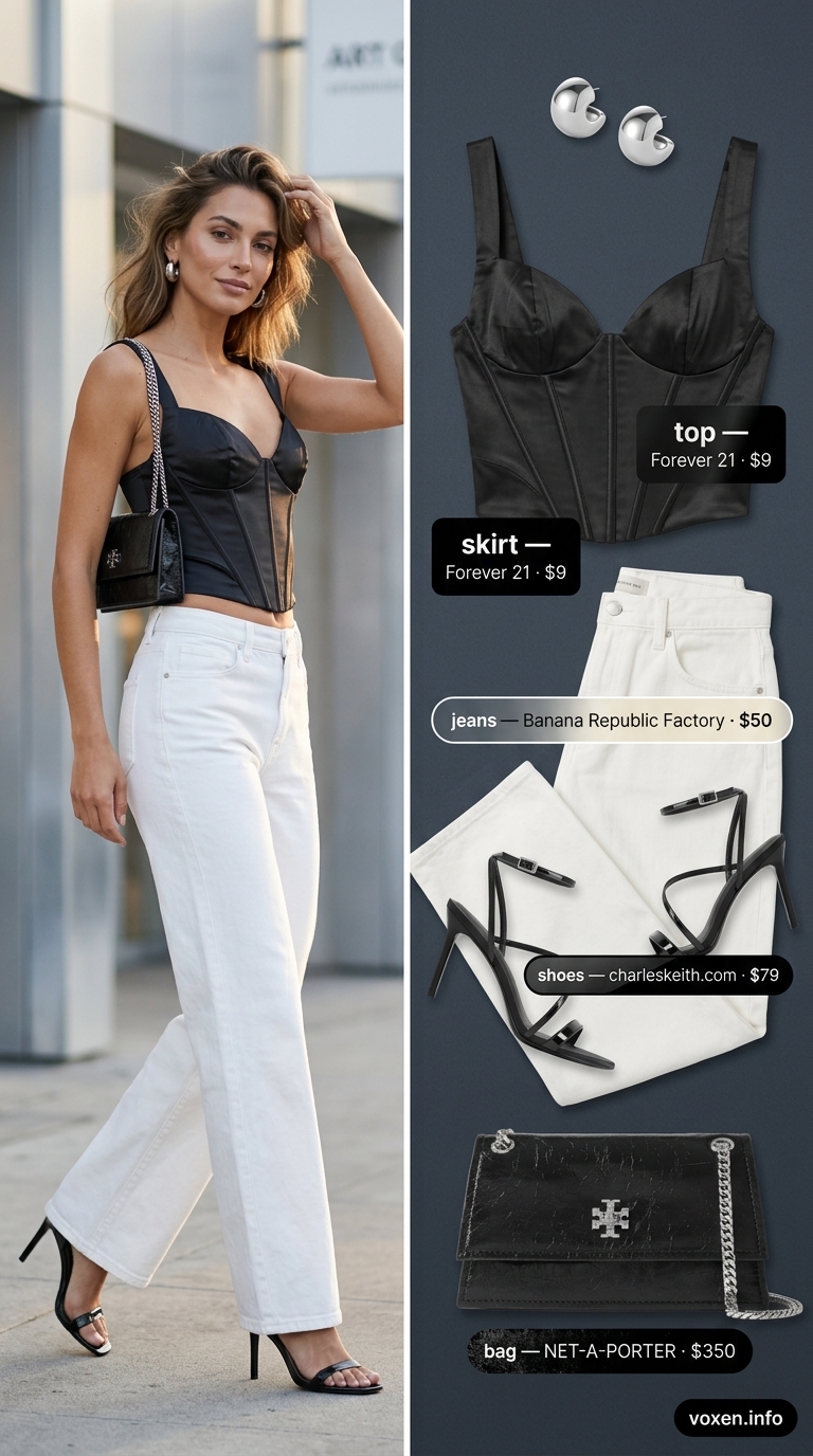 Urban soirée wide leg jean outfits summer for women 2026: White jeans with black satin bustier.