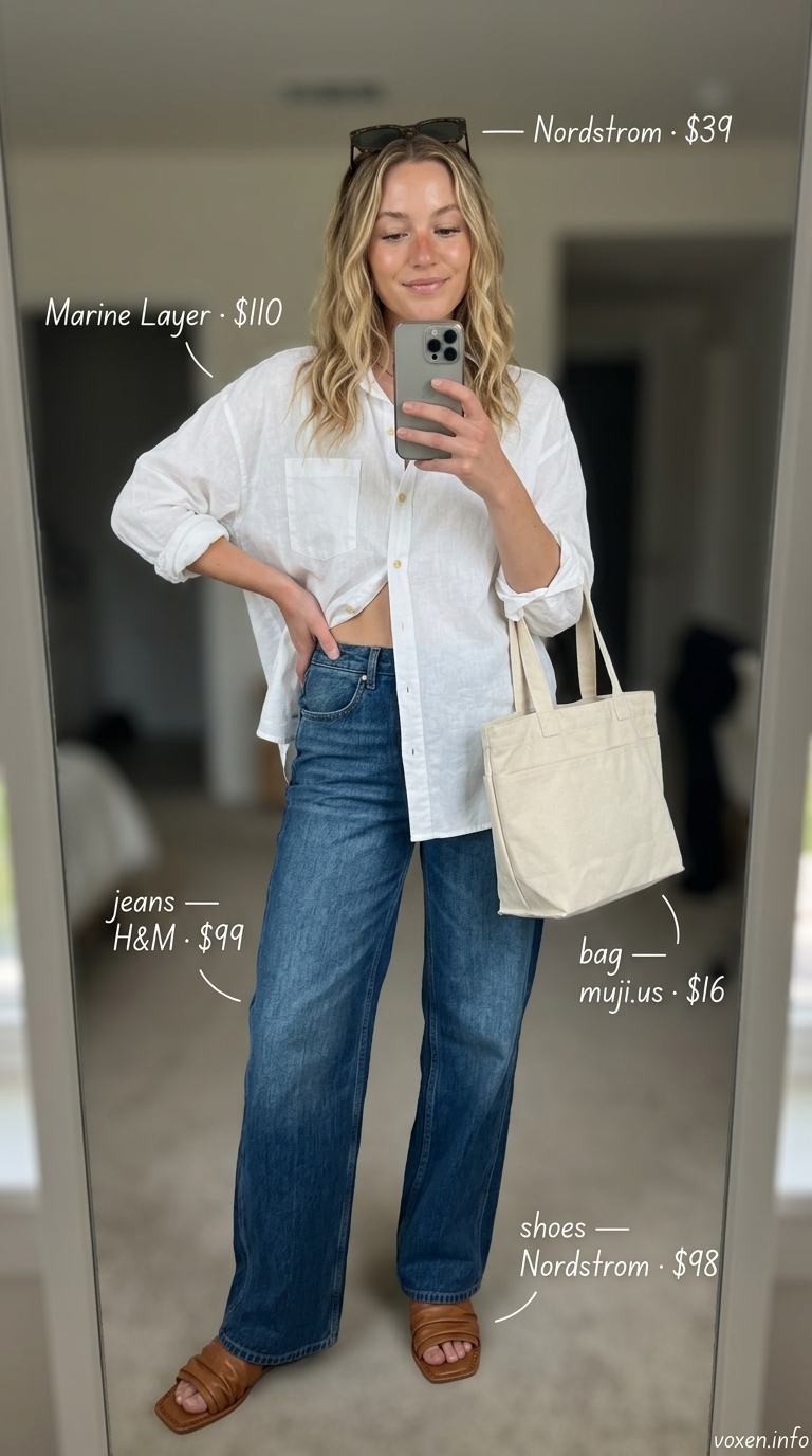 Weekend wide leg jean outfits summer for women 2026: Two-tone denim jeans with white tank & tan slides.