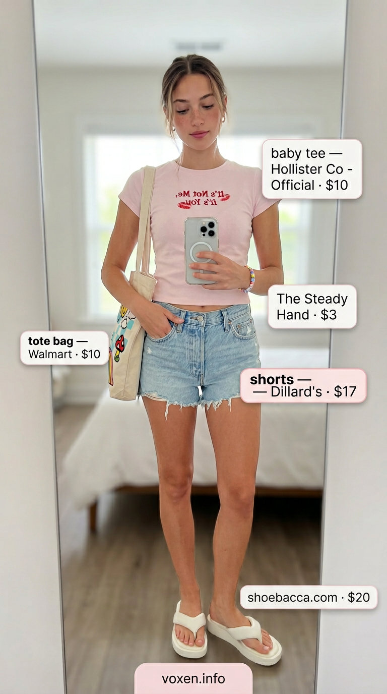 Y2K summer outfits for women 2026: Denim shorts, pastel pink baby tee & platform flip-flops.