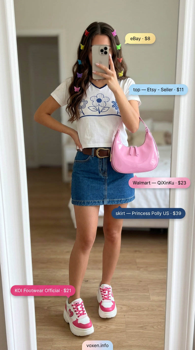 Y2K summer outfits for women 2026: Denim mini skirt, graphic baby tee, platform sneakers, butterfly clips.
