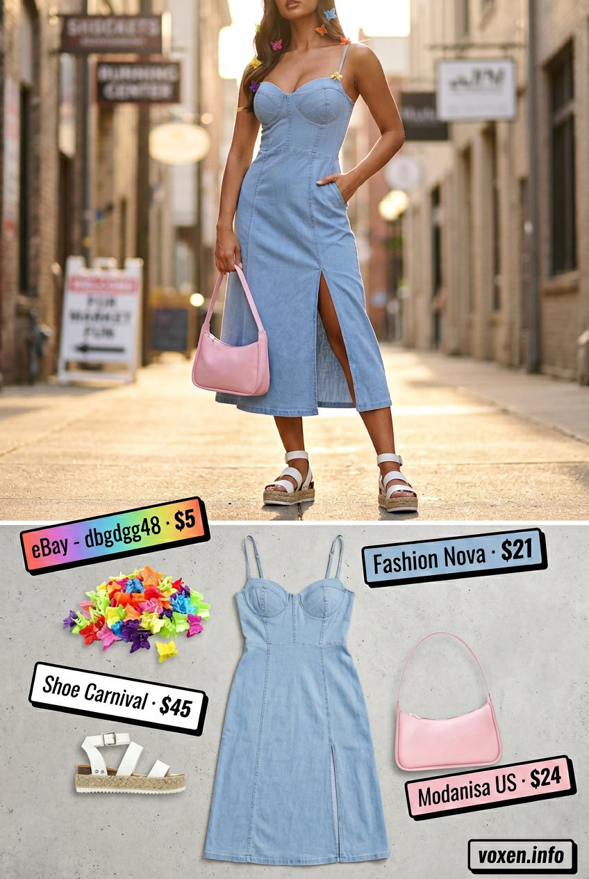 Y2K summer outfits for women 2026: Denim slip dress, baguette bag, platform sandals, butterfly clips for date.