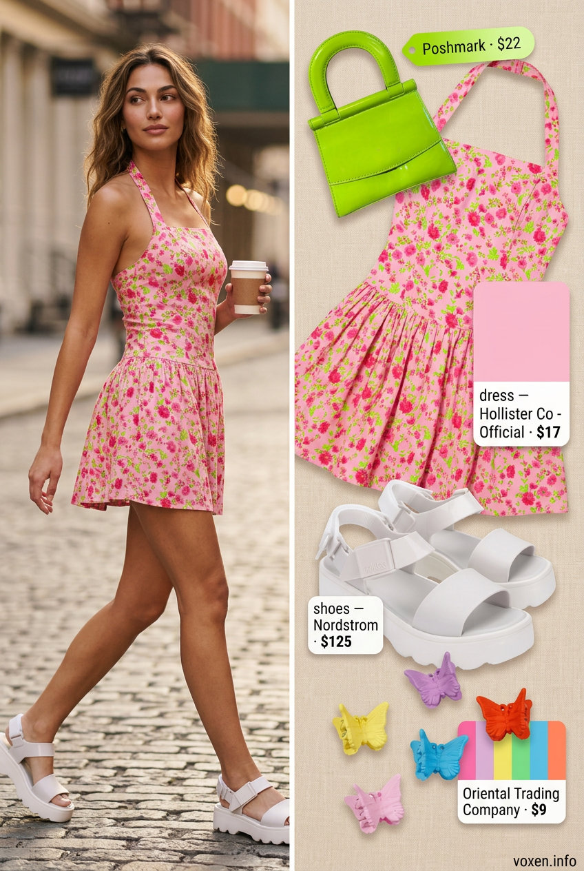 Y2K summer outfits for women 2026: Hot pink floral halter dress with white platform sandals.