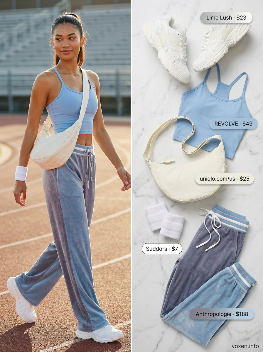 Y2K summer outfits for women 2026: Grey velour track pants, baby blue crop top & white sneakers.