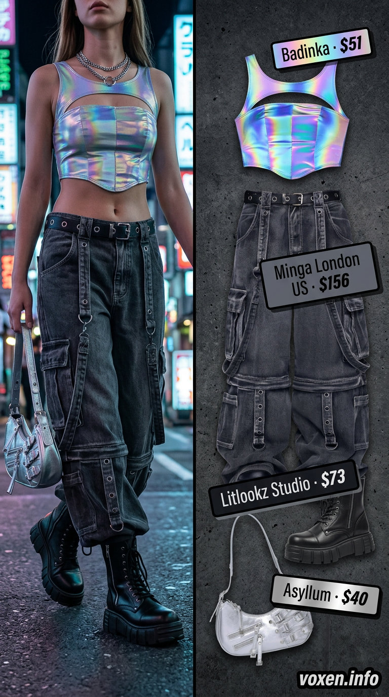 Y2K summer outfits for women 2026: Holographic tube top, low-rise cargo pants, combat boots for cyberpunk style.