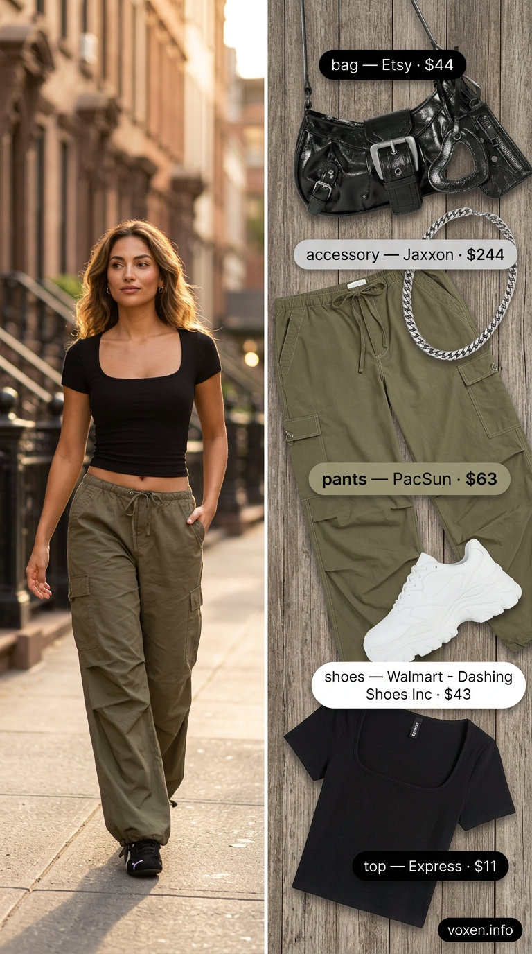 Y2K summer outfits for women 2026: Khaki cargo pants, black crop top, chunky sneakers & silver chain.