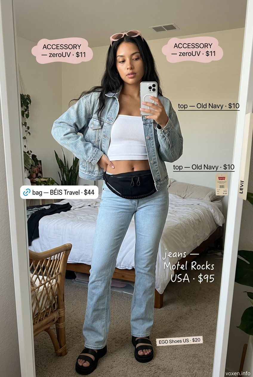 Y2K summer outfits for women 2026: Low-rise flare jeans, bandeau top, denim jacket & platform sandals.