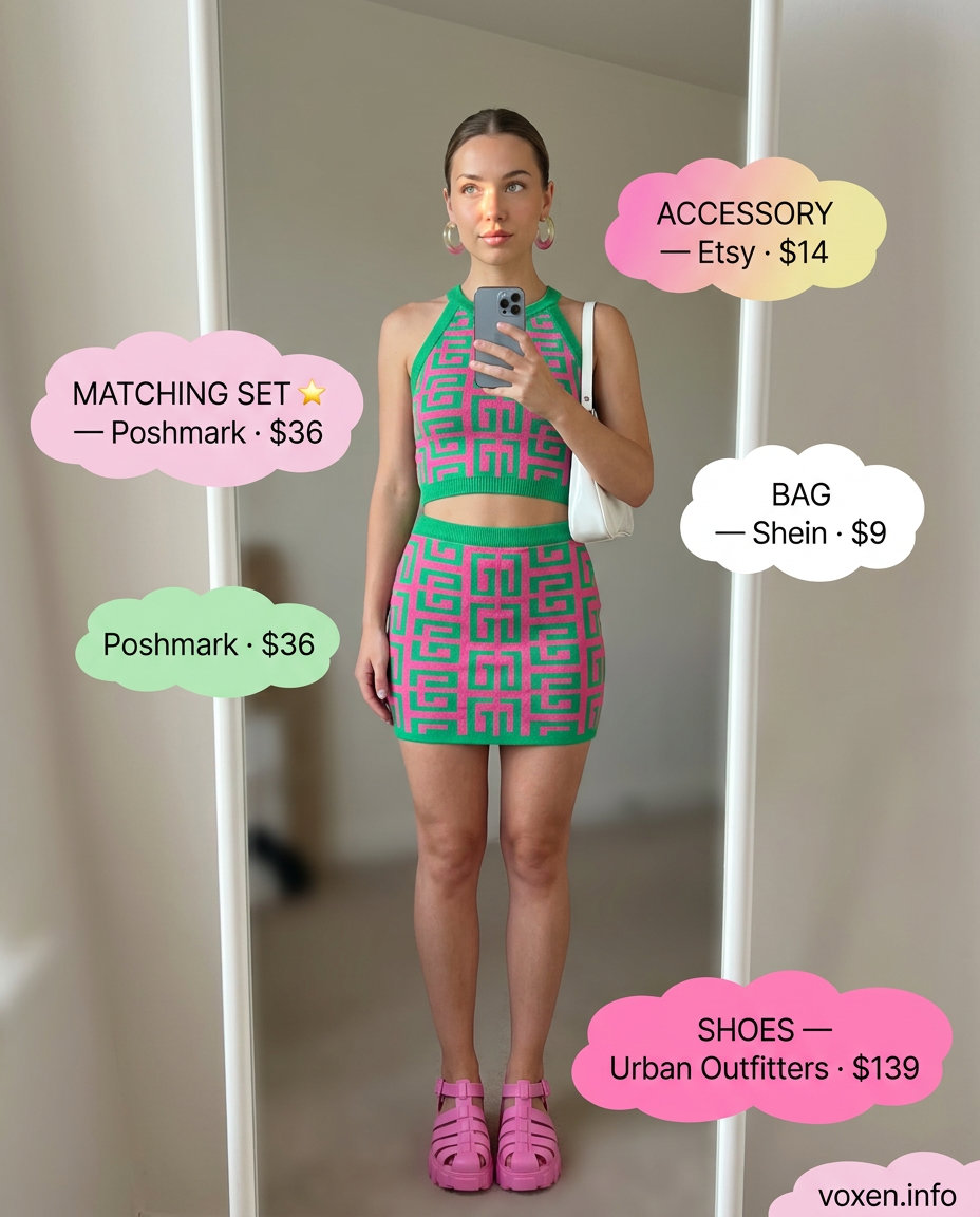 Y2K summer outfits for women 2026: Bright green abstract print tube top & mini skirt set with pink accents.