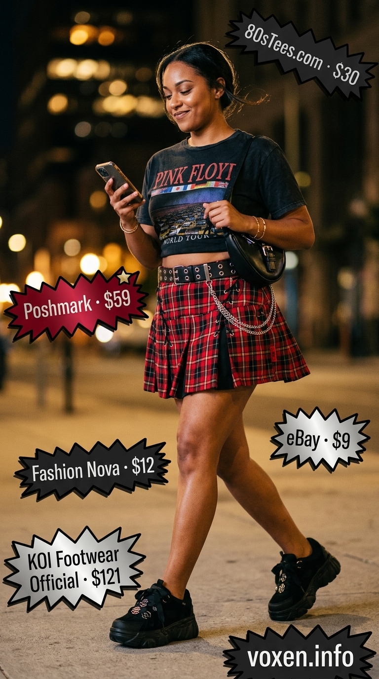 Y2K summer outfits for women 2026: Red plaid mini skirt, graphic tee, platform sneakers for a concert.