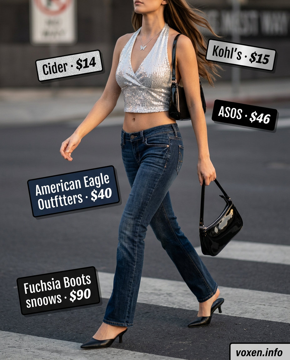 Y2K summer outfits for women 2026: Sequin halter top, low-rise bootcut jeans, kitten heels for a night out.