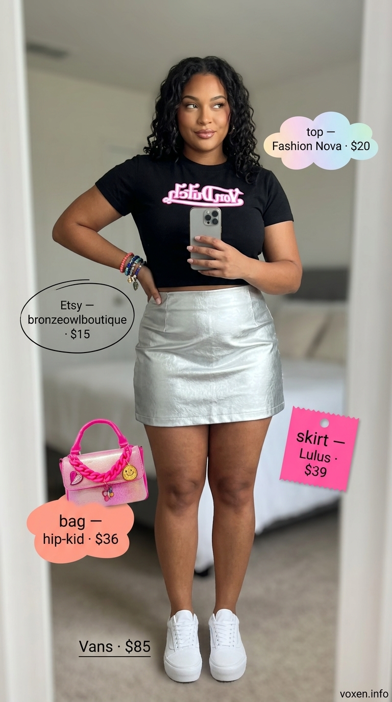 Y2K summer outfits for women 2026: Silver metallic skirt, graphic baby tee & platform sneakers.