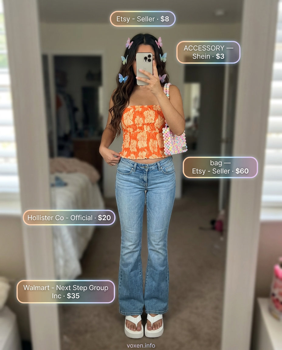 Y2K summer outfits for women 2026: Orange abstract tube top with low-rise flare jeans & beaded bag.