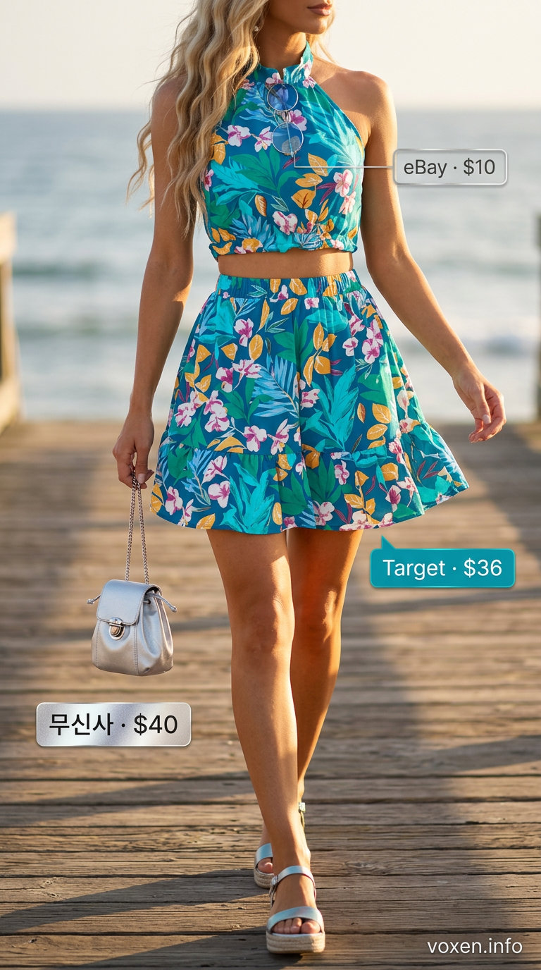 Y2K summer outfits for women 2026: Turquoise halter set, platform sandals, tinted sunglasses for vacation.