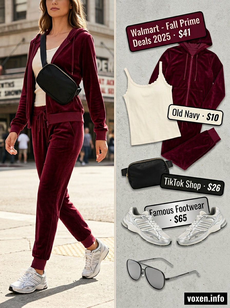 Y2K summer outfits for women 2026: Burgundy velour tracksuit, fanny pack, retro sneakers for athleisure.