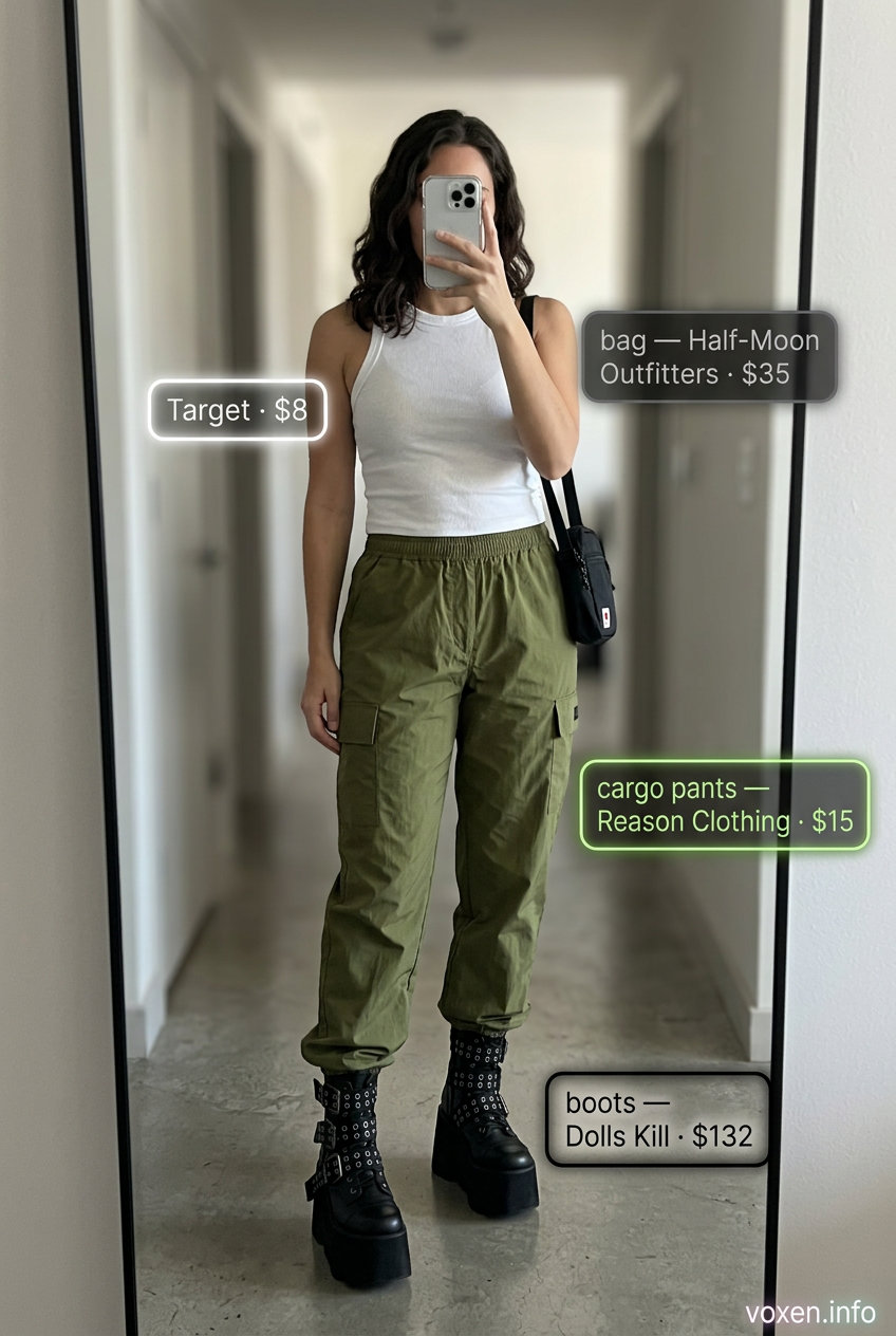 Y2K summer outfits for women 2026: Cargo pants, sheer mesh top, and combat boots for an edgy urban look.