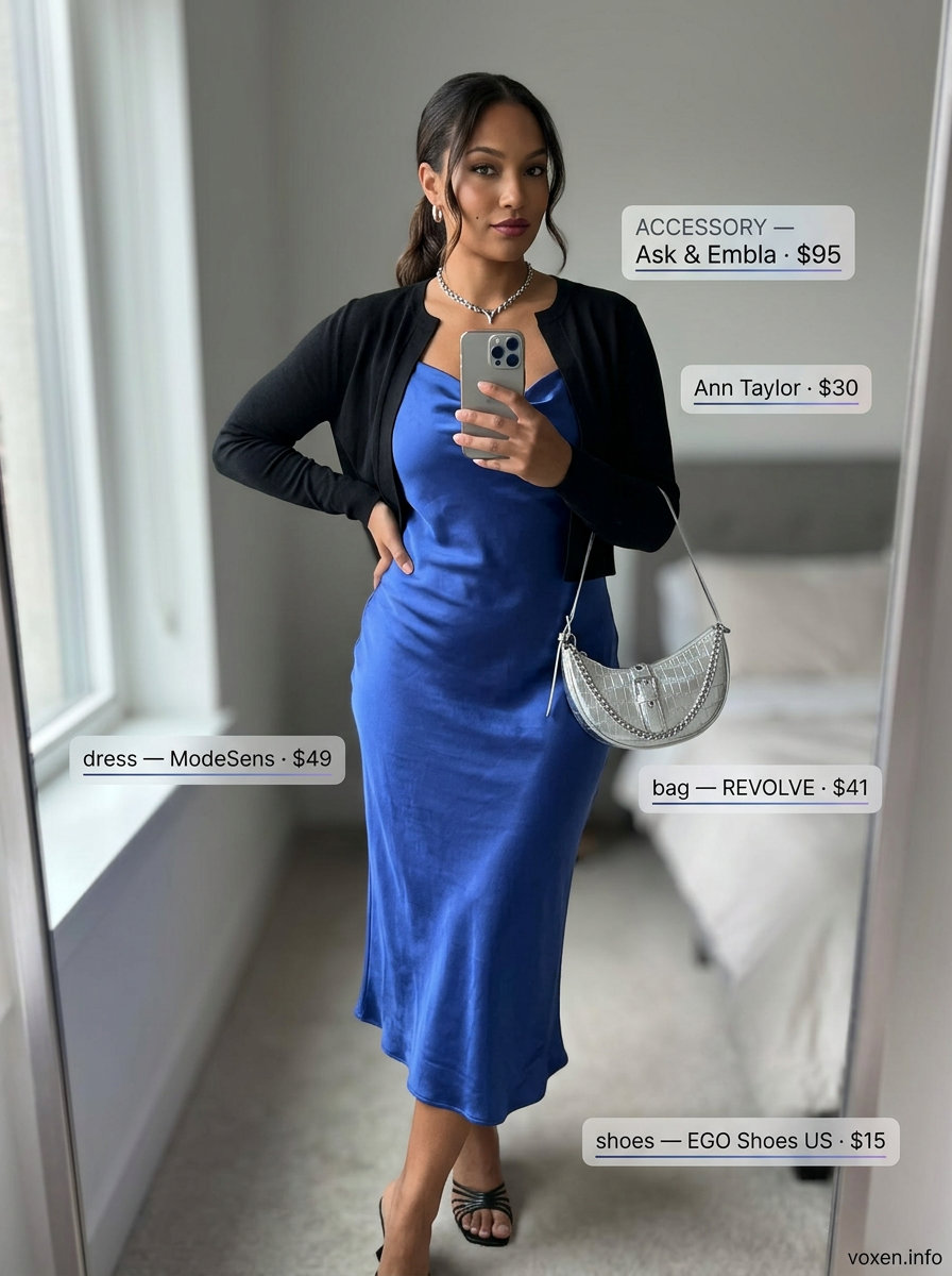 Y2K summer outfits for women 2026: Cobalt blue slip dress, cardigan, and mules for a glamorous evening look.