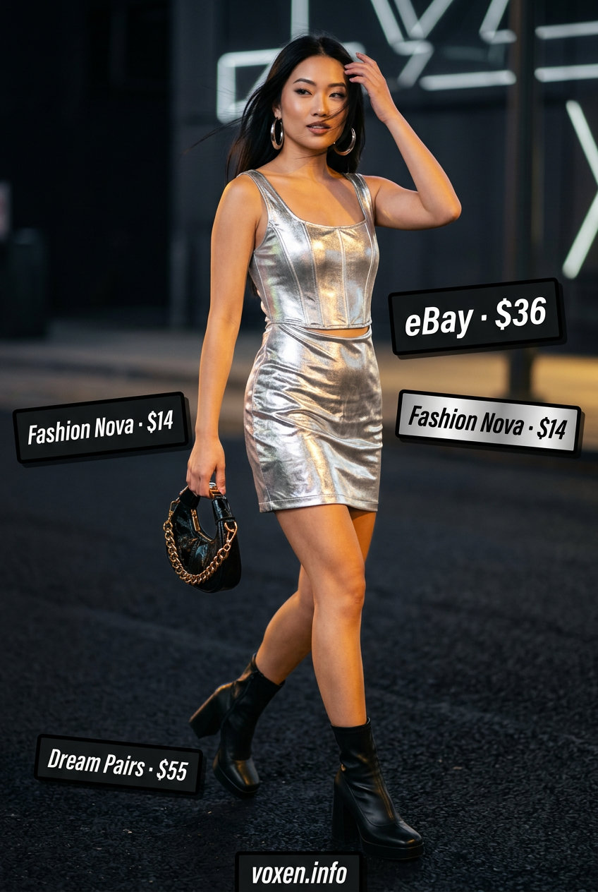 Y2K summer outfits for women 2026: Silver metallic mini dress, black boots, and clutch for a cyberpunk night out.