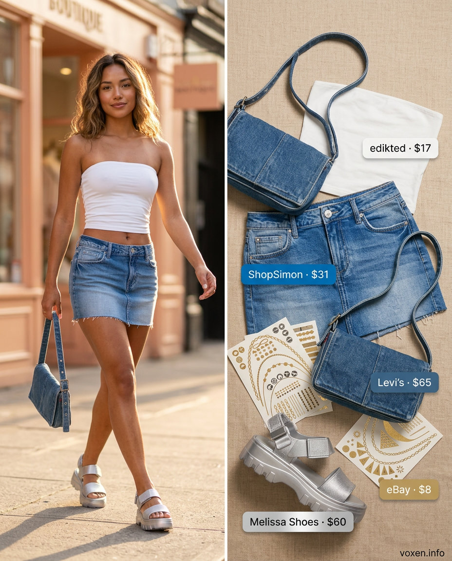 Y2K summer outfits for women 2026: Denim mini skirt, tube top, and platform sandals for a casual daytime look.