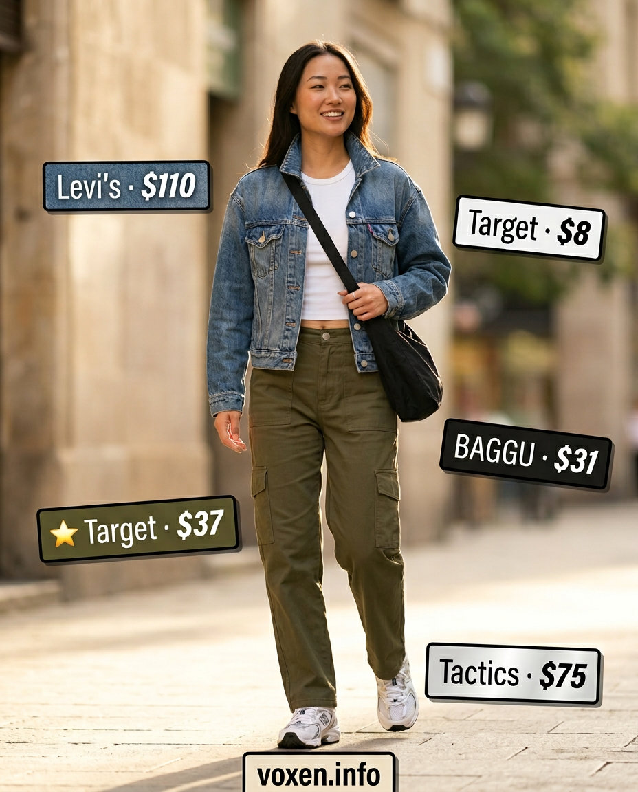 Y2K summer outfits for women 2026: Cargo pants, ribbed tank, and denim jacket for a cool casual look.