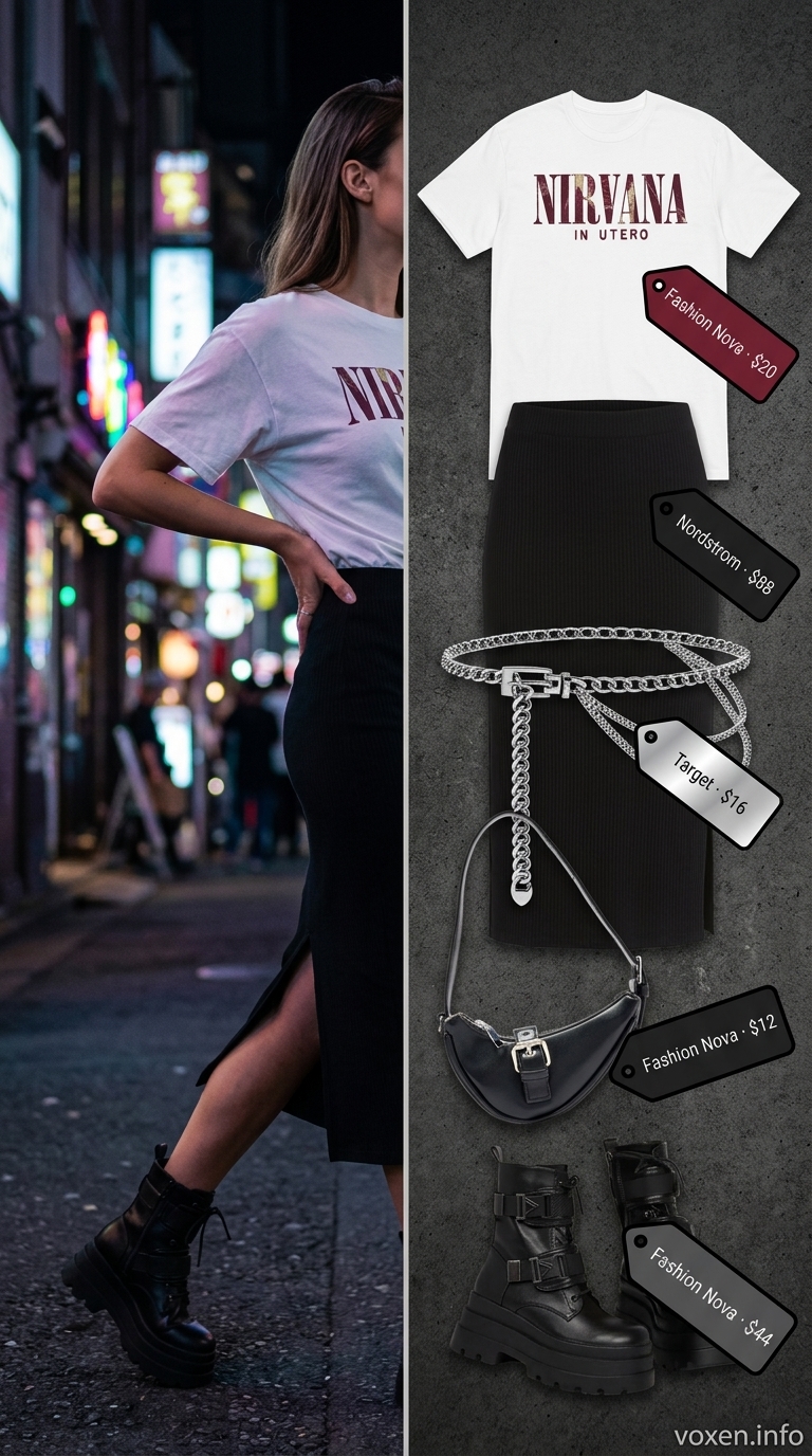 Y2K summer outfits for women 2026: Midi skirt, band tee, and combat boots for a pop punk concert look.