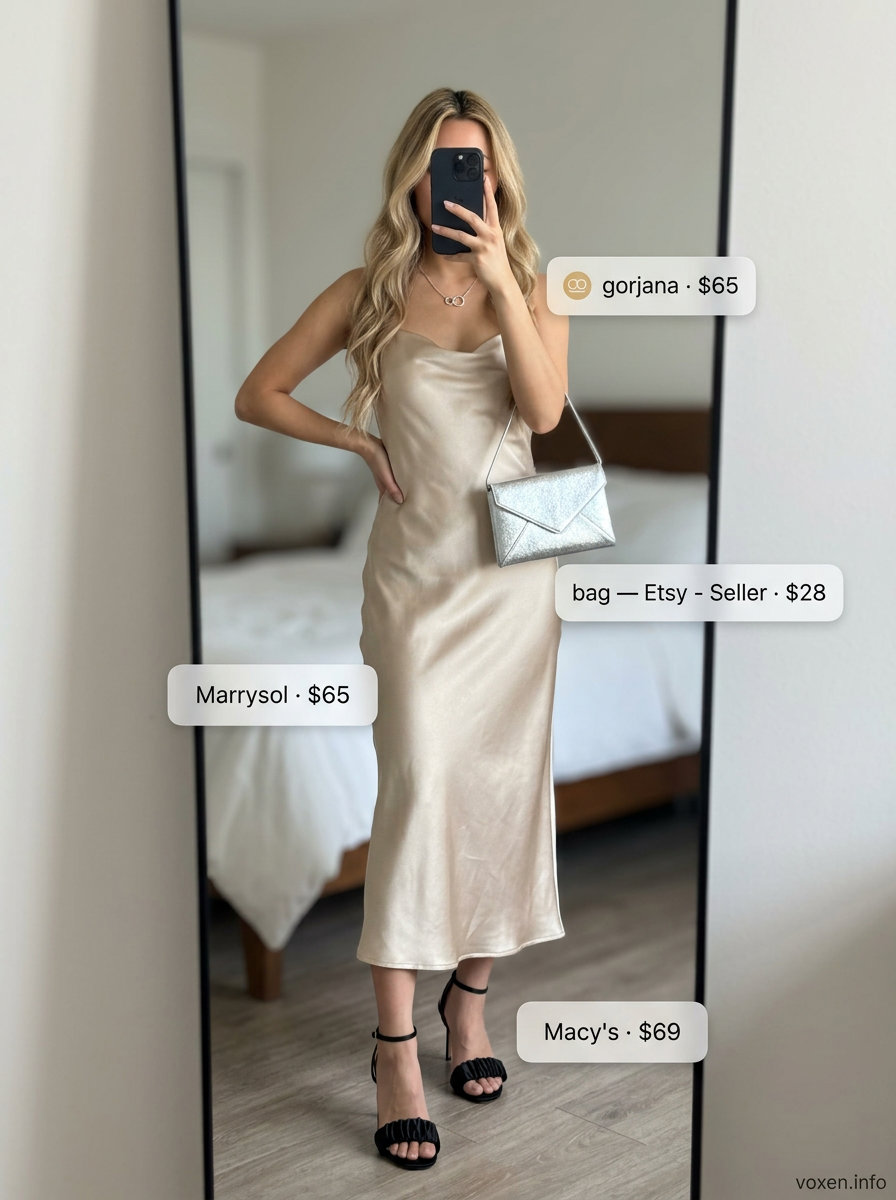 Y2K summer outfits for women 2026: Champagne satin slip dress and silver heels for a retro glamour evening.