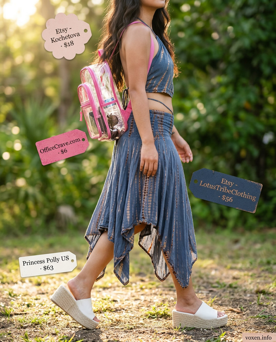 Y2K summer outfits for women 2026: Pastel tie-dye set and espadrilles for a fun festival look.