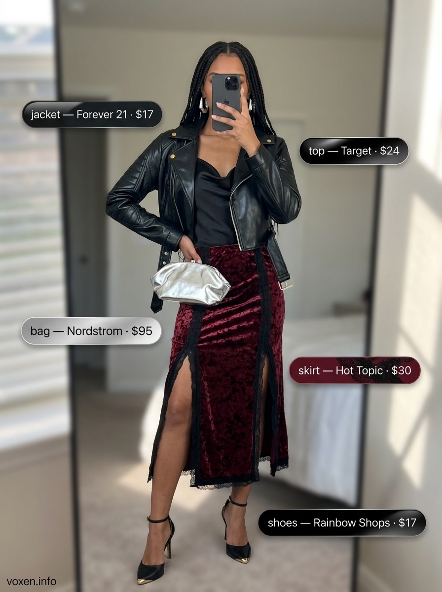 Y2K summer outfits for women 2026: Velvet midi skirt, satin cami, and moto jacket for a glamorous evening out.