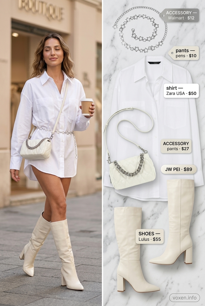 Y2K summer outfits for women 2026: White shirt dress, knee-high boots, and silver belt for a chic look.