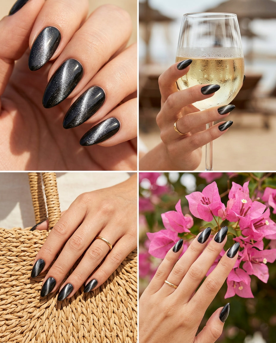 Almond summer nails 2026 for fair skin: Mesmerizing chrome cat-eye for date nights & parties.