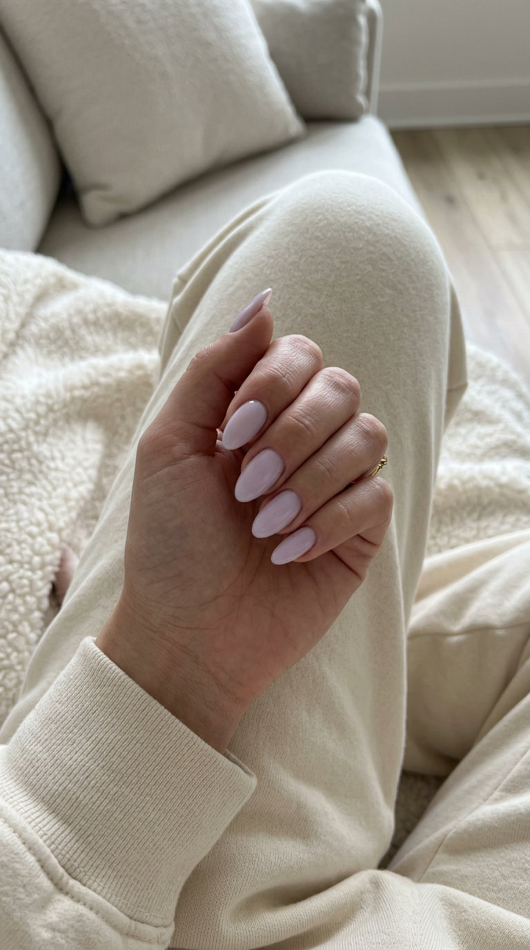 Almond summer nails 2026 for fair skin: Dreamy lavender milky finish for weddings & date nights.