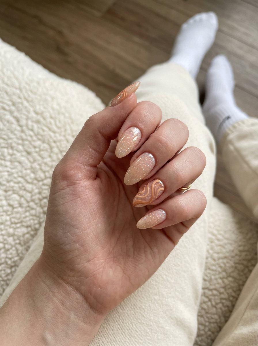 Holographic peach almond nails with abstract swirls, perfect for festivals and summer parties in 2026.