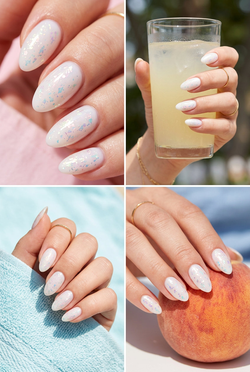 Iridescent foil flakes on milky white almond nails, perfect for formal events and weddings in 2026.