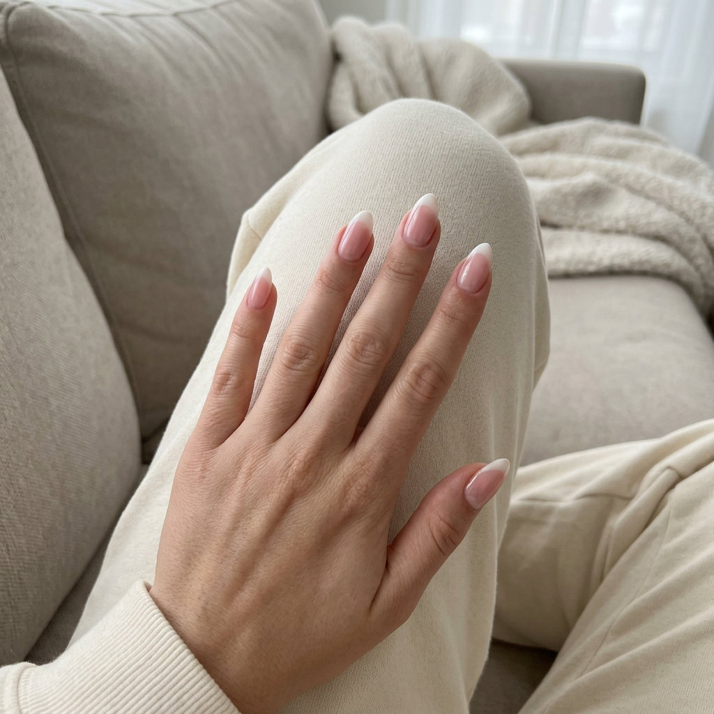 Sheer pink reverse French almond nails with a milky white crescent, perfect for office wear and brunch in 2026.